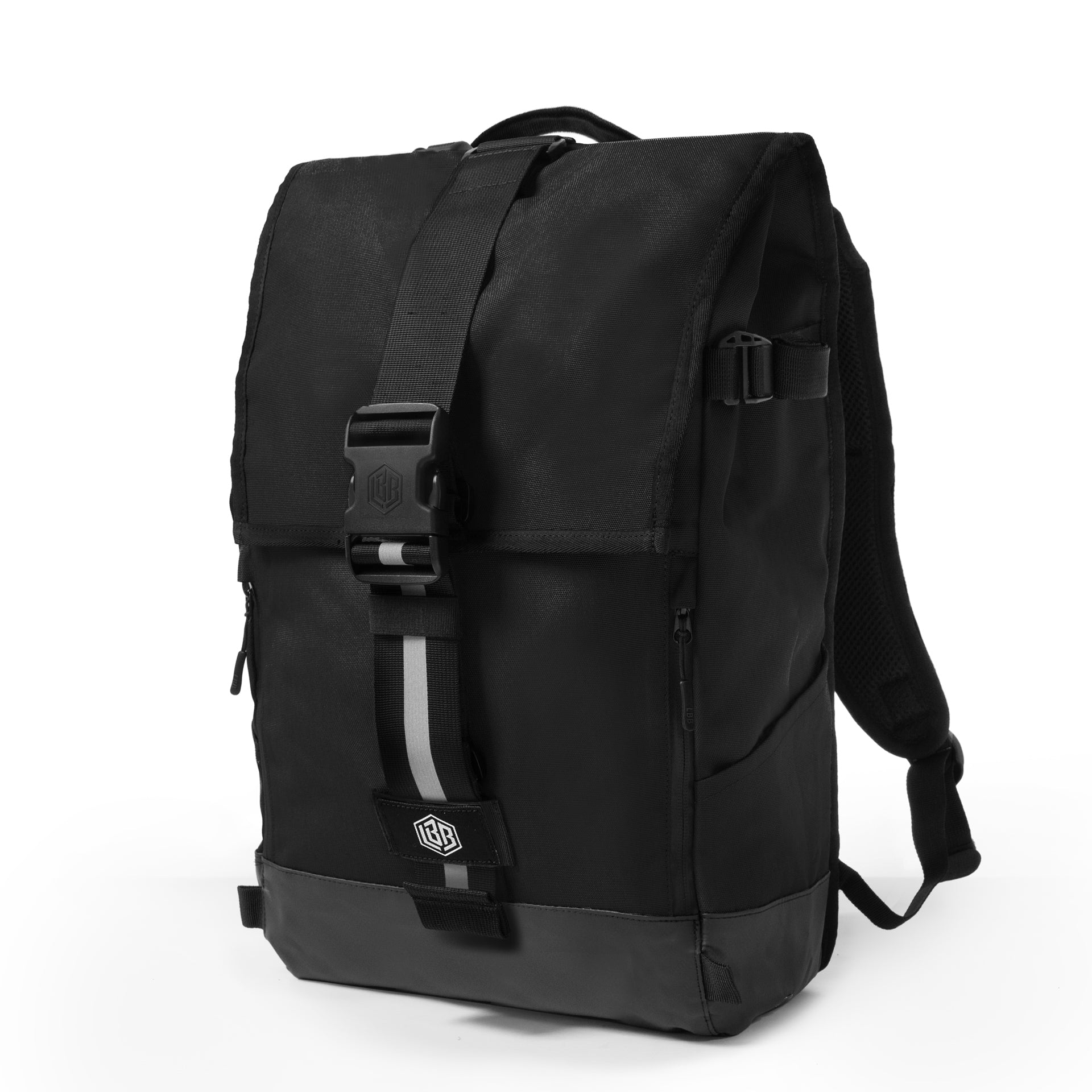 The Breakaway flap backpack in stealth black, three-quarter studio view.