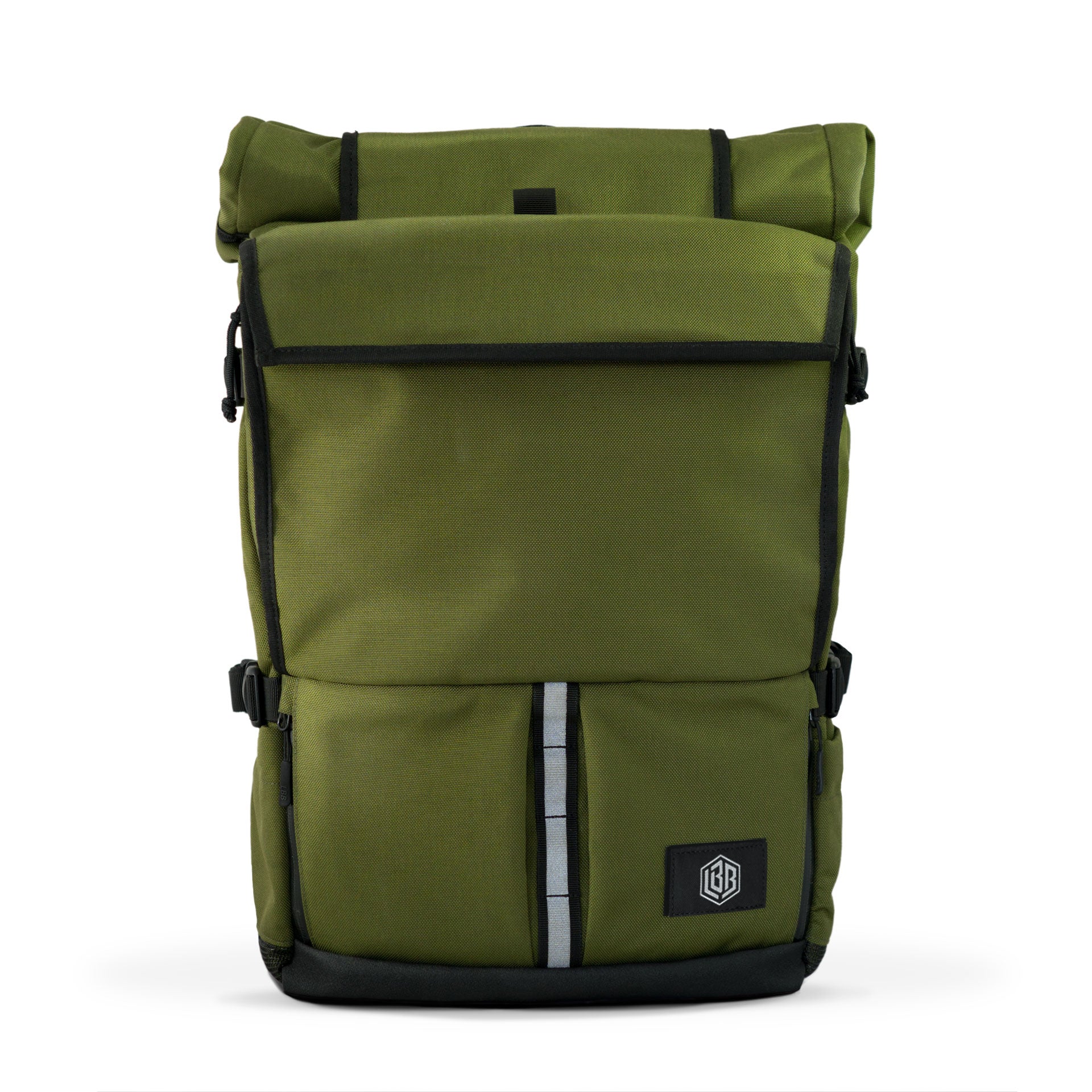 The Peloton roll-top backpack in olive with reflective front stripe and hex LBB patch, front view on white.