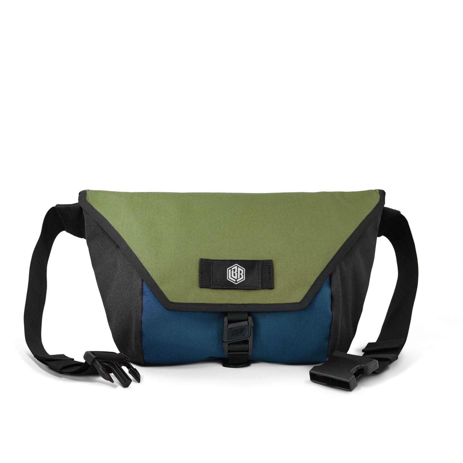 The Slingshot sling bag in olive and blue with a black webbing strap and hex LBB patch, front view on white.